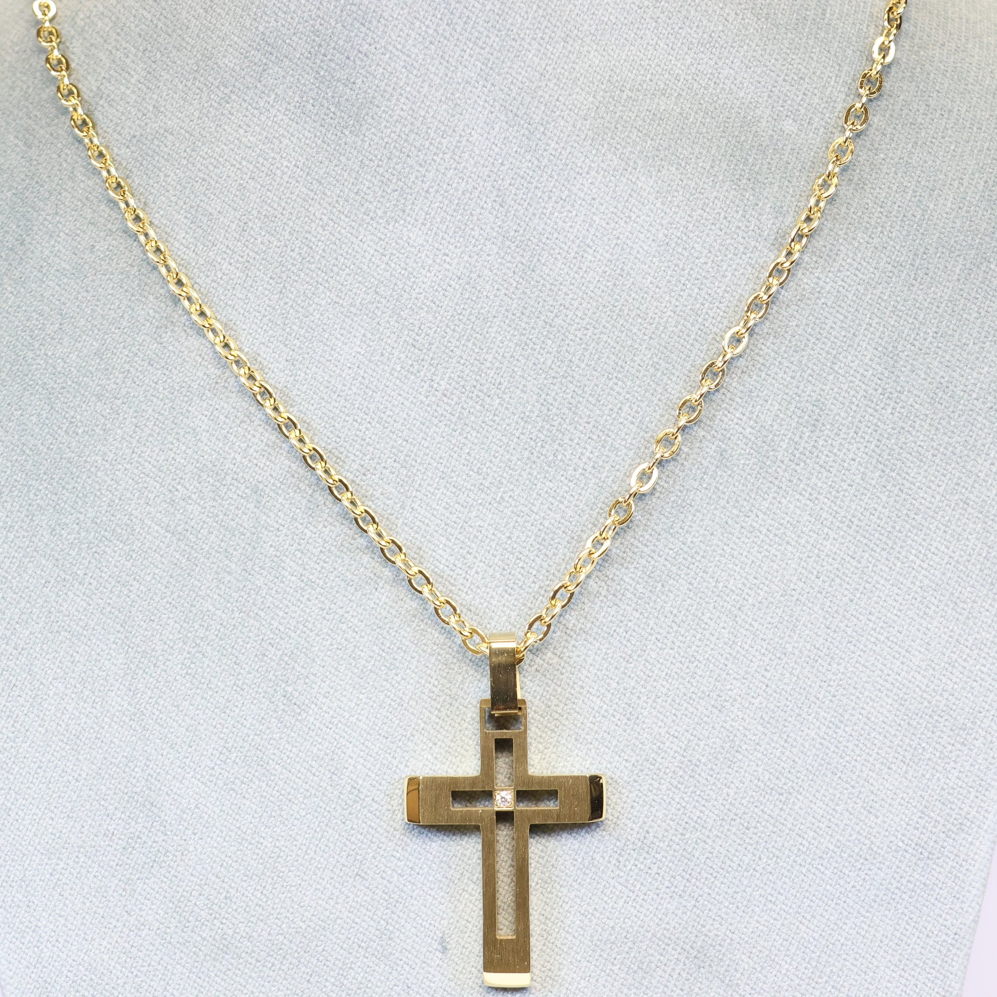 Gouden Stalen ketting heren met met kruis hanger 734465