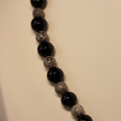 Halfedelsteen Onyx en Picasso Jaspis Halssnoer met zilveren slot 313958