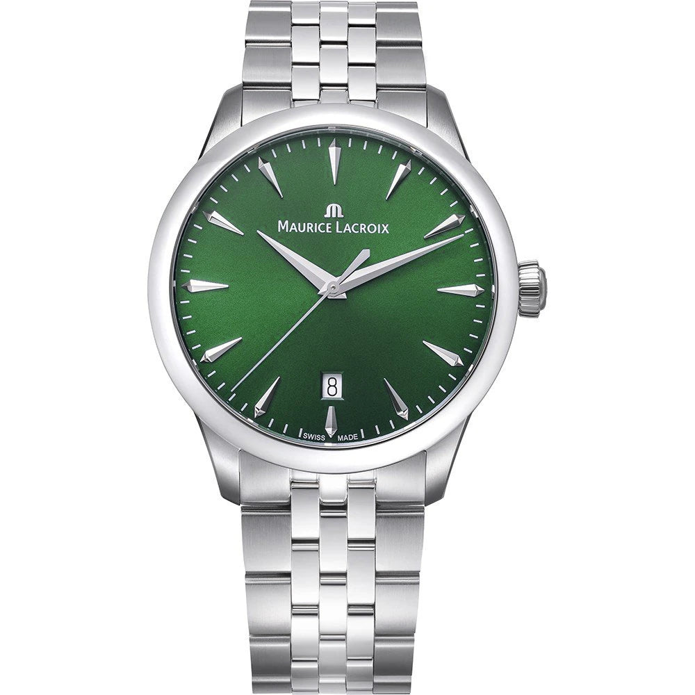 Maurice Lacroix horloge 1975 Quartz Date 39mm 751007-SS002-630-1 stalen band groene wijzerplaat