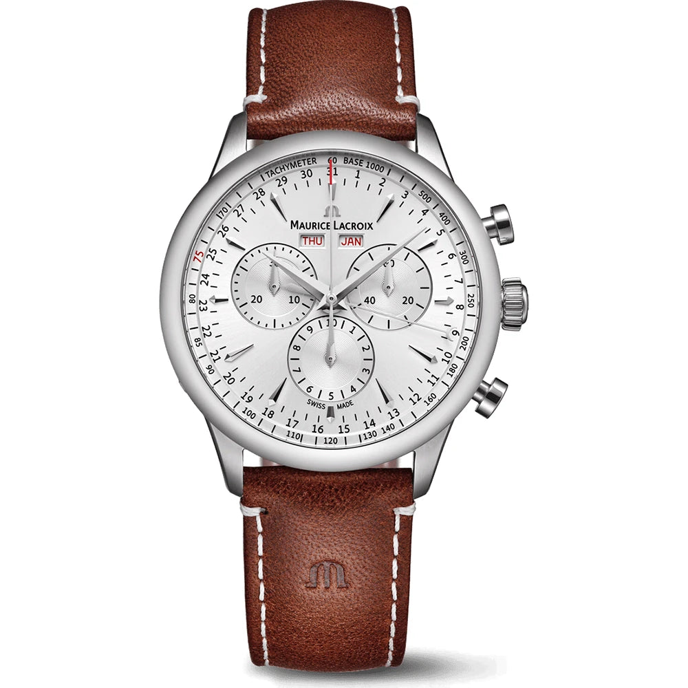 Maurice Lacroix 1975 Quartz Chrono Calendar 40mm limited edition 751138-SS001-130-3 bruine leren band witte wijzerplaat
