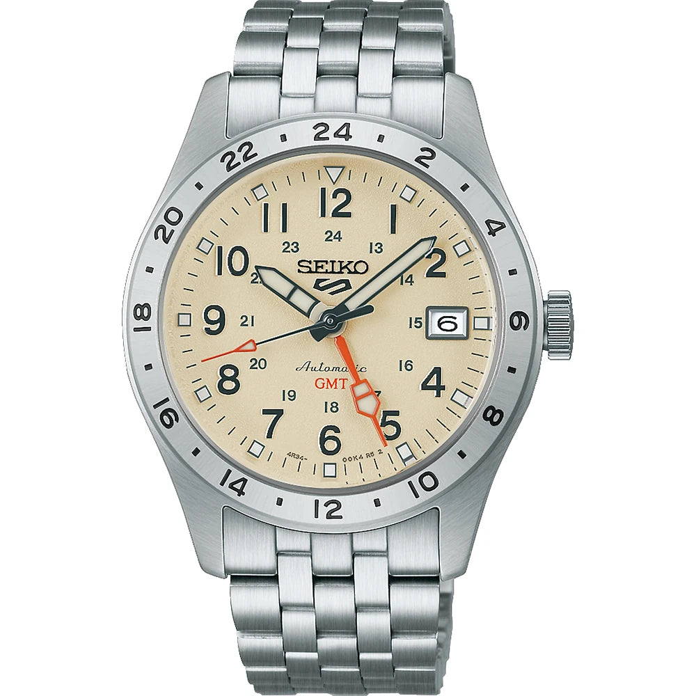 Seiko 5 Sports HDB002K1 horloge GMT Arabische cijfers beige