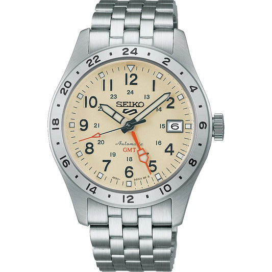 Seiko 5 Sports HDB002K1 horloge GMT Arabische cijfers beige