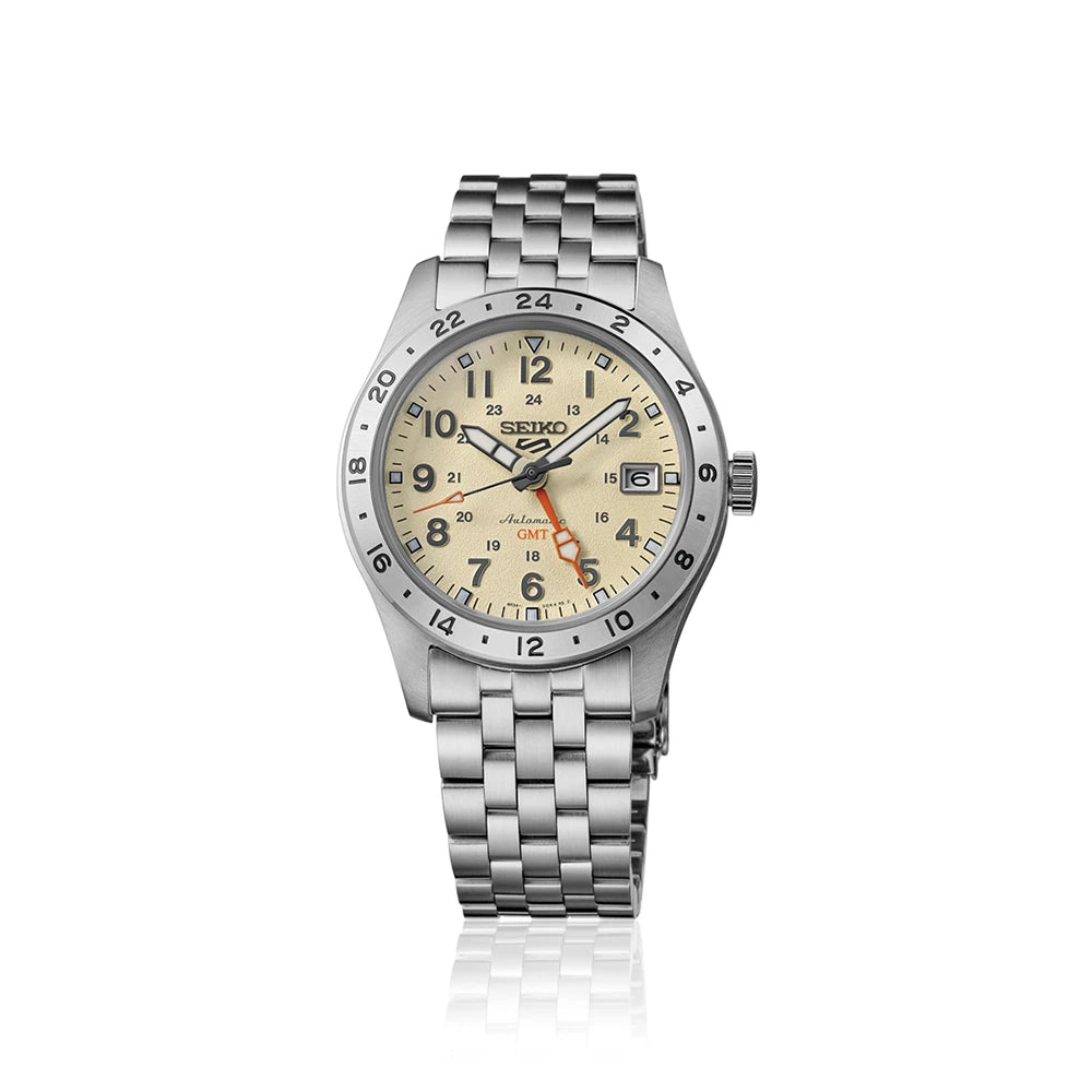 Seiko 5 Sports HDB002K1 horloge GMT Arabische cijfers beige