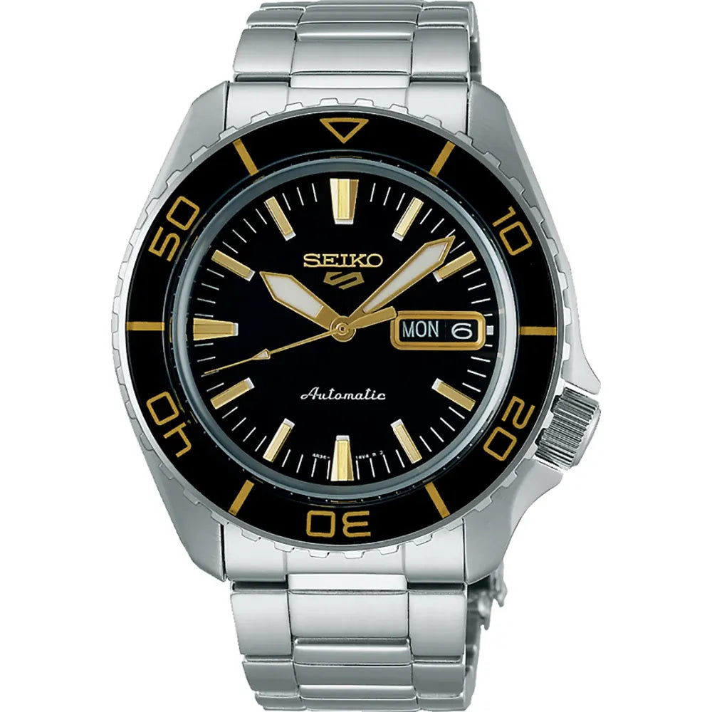 Seiko 5 Sports SRPK99K1 zwart/goud retro wijzerplaat horloge