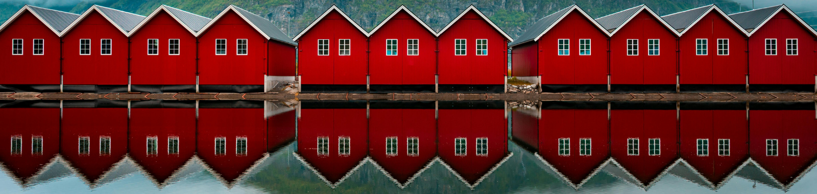 rode houten huisjes aan het water in Noorwegen of zweden als banner voor de collectie Scandinavische horloges